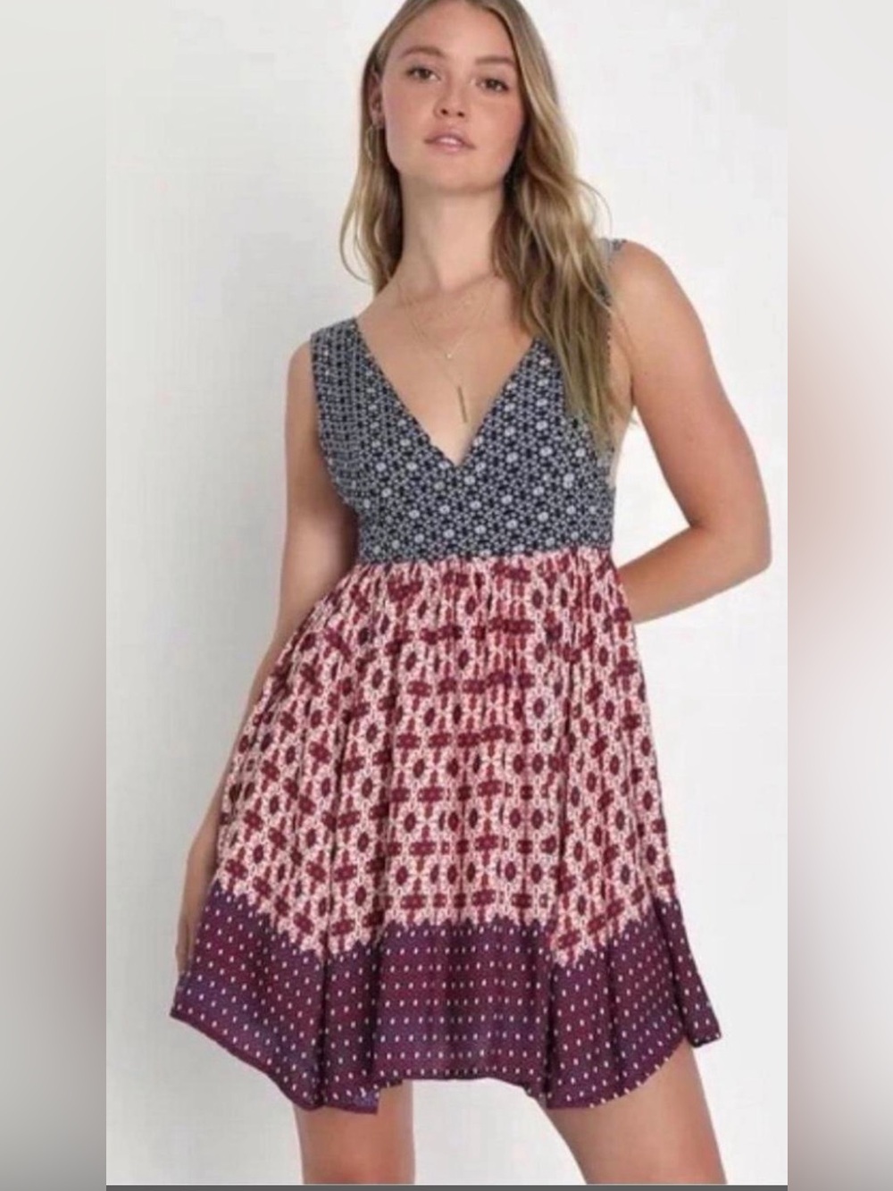 Lulus Bohemian Mixed-Print Sleeveless Sundress in Blue and Red size small